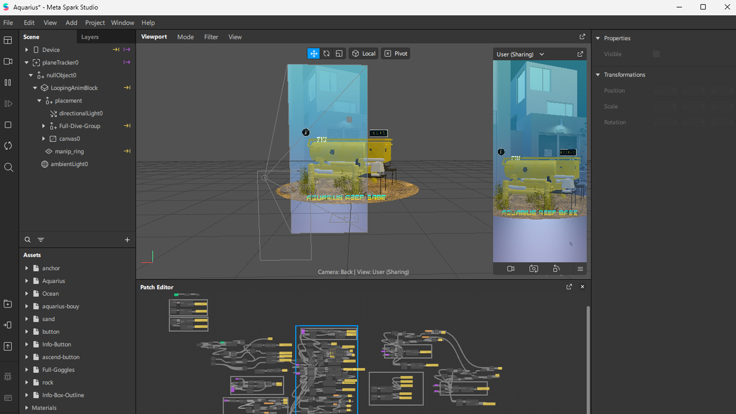 the meta spark studio interface with the aquarius filter open